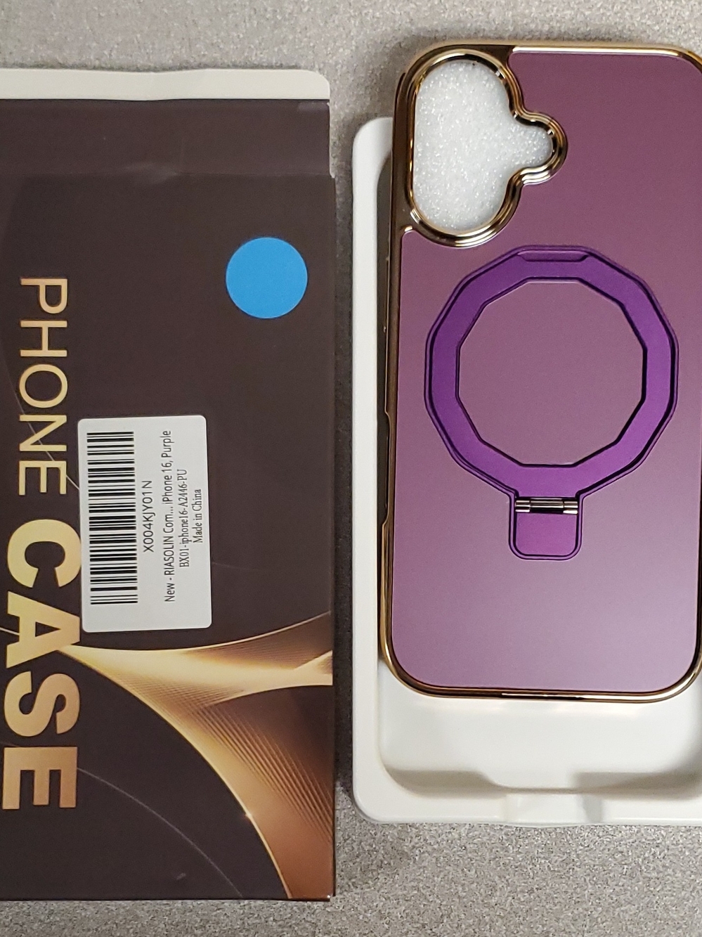 Purple Protective Phone Case with Built-In Ring and Gold Trim